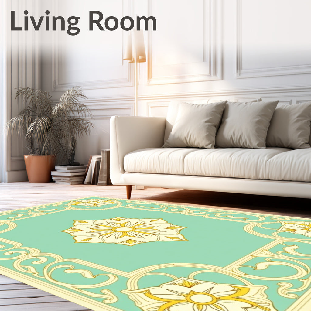 Elegant Yellow Floral Aqua Border Design Rug