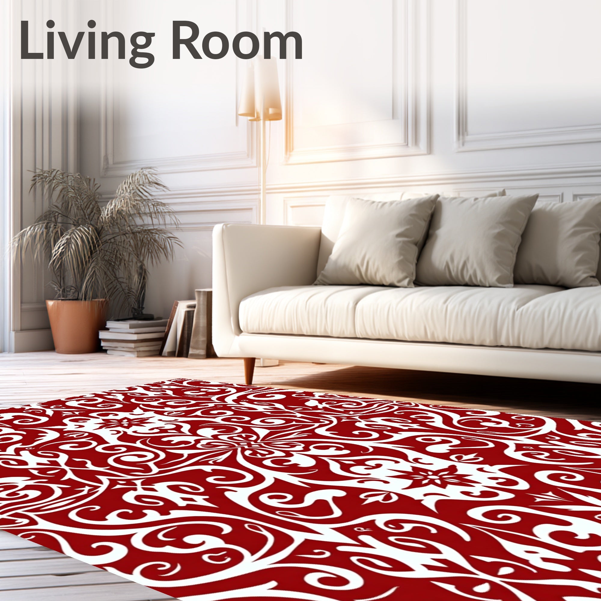 Red and White Floral Damask Design Rug