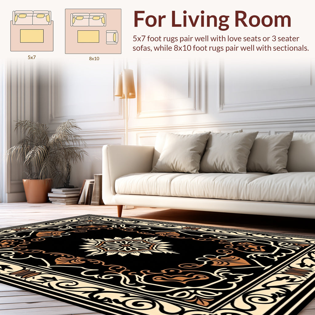 Ornate Floral Medallion Black Cream Rug