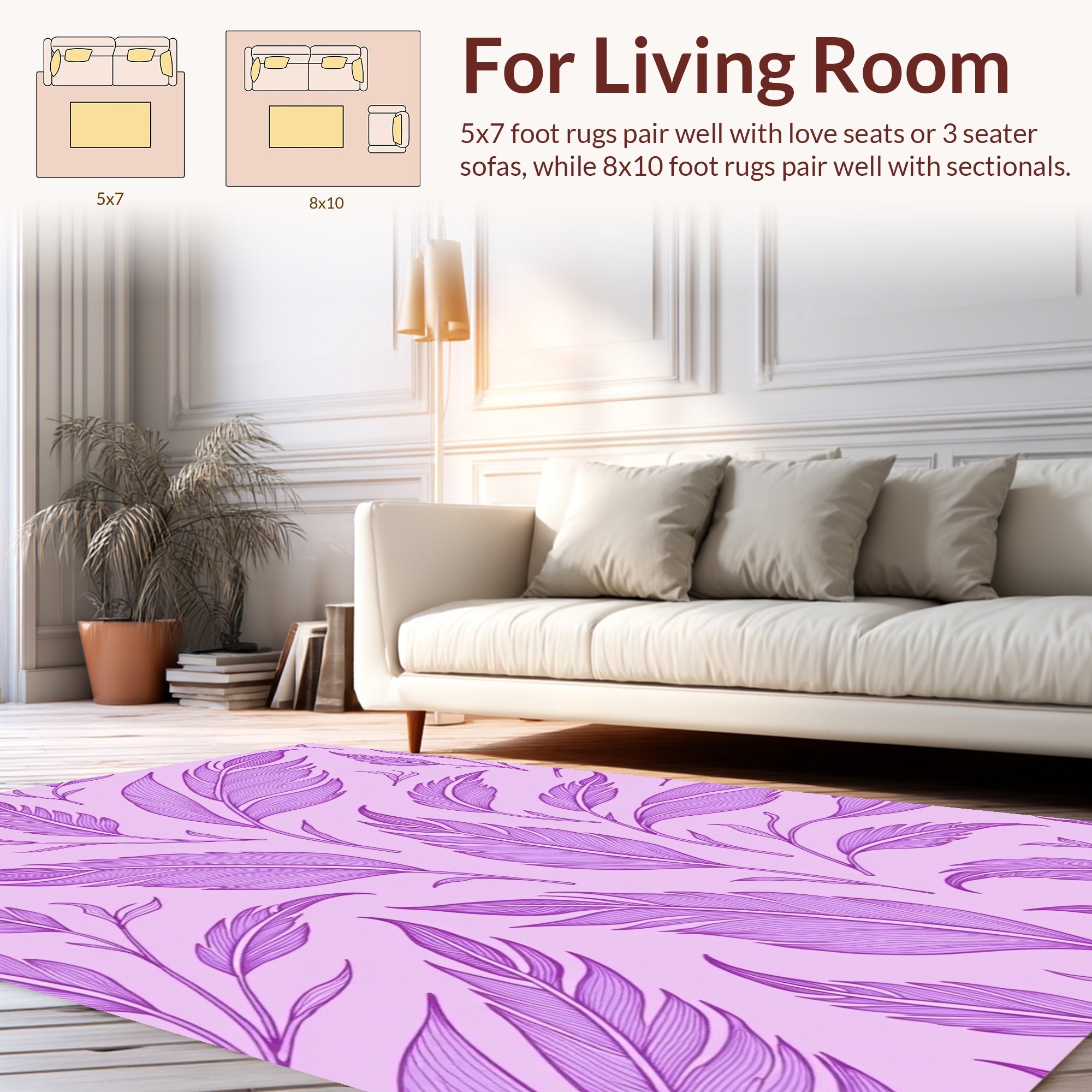 Purple Feather Patterned Line Art Rug
