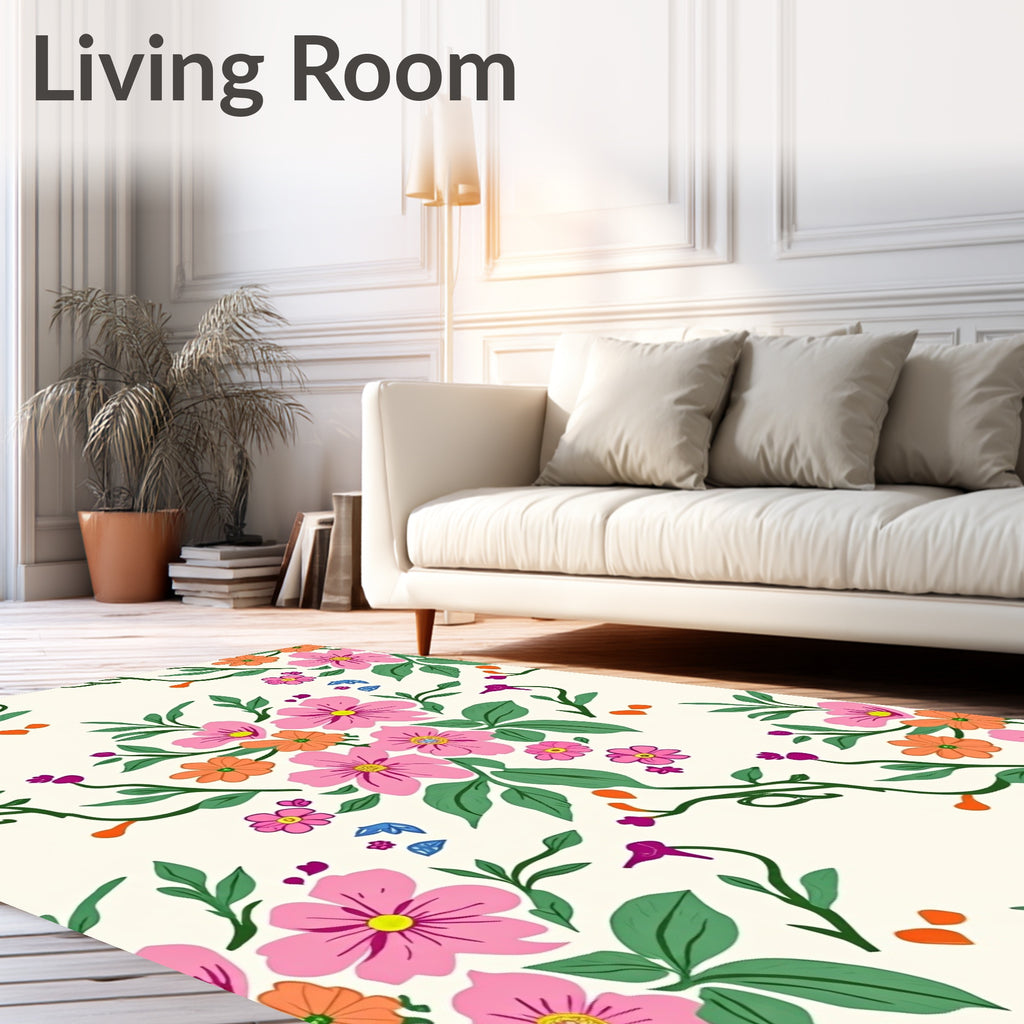 Drawn Floral Pattern with Pink and Orange Blooms Rug