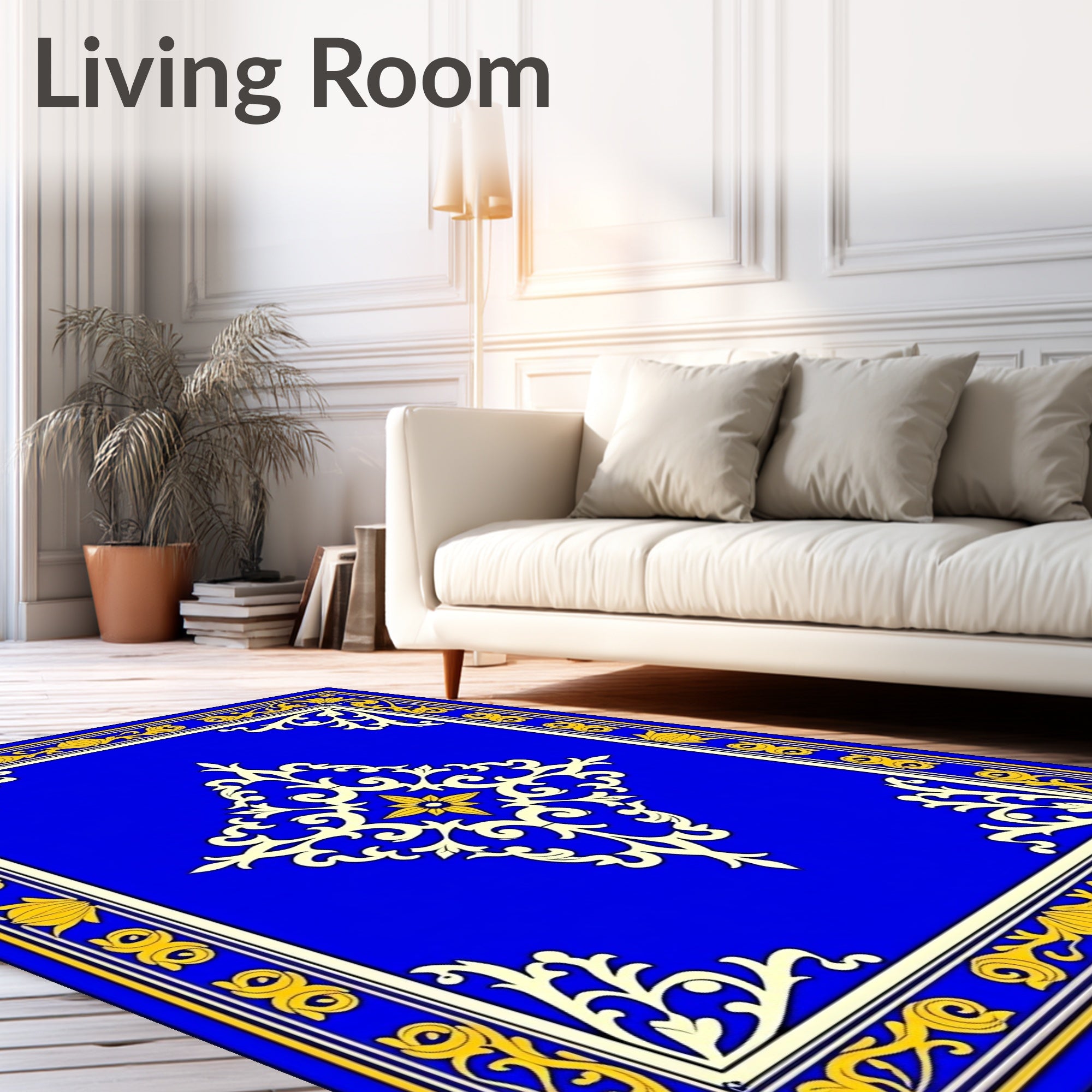 Regal Blue Gold Ornate Floral Design Rug