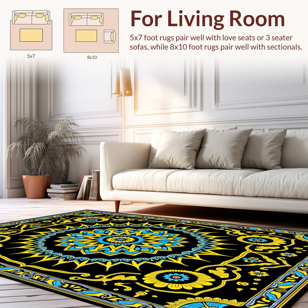 Bold Yellow Blue Floral Mandala Design Rug