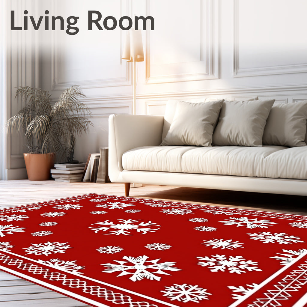 Red Snowflake Patterned Area Rug