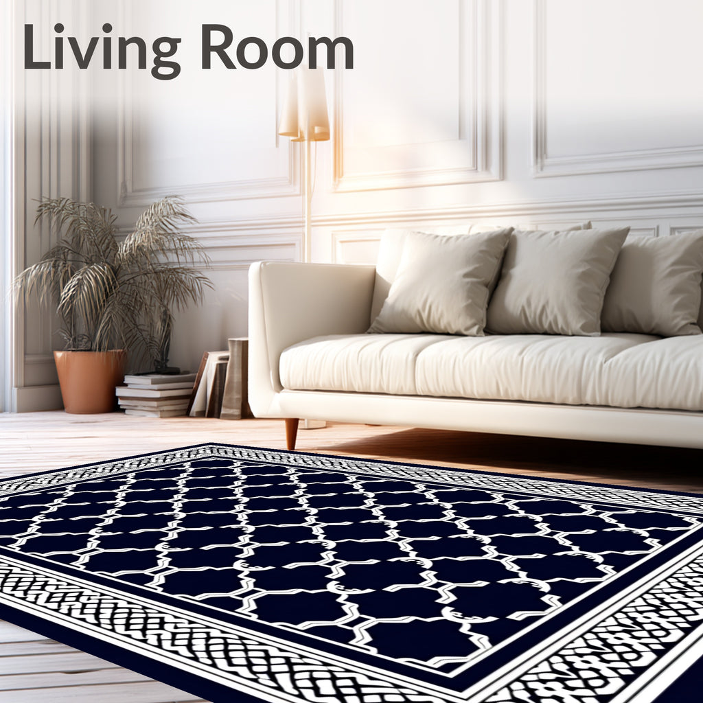 Navy White Interlocking Geometric Pattern Rug