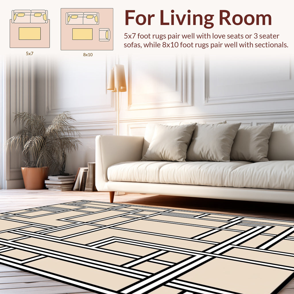 Abstract Geometric Cream Black Lines Rug