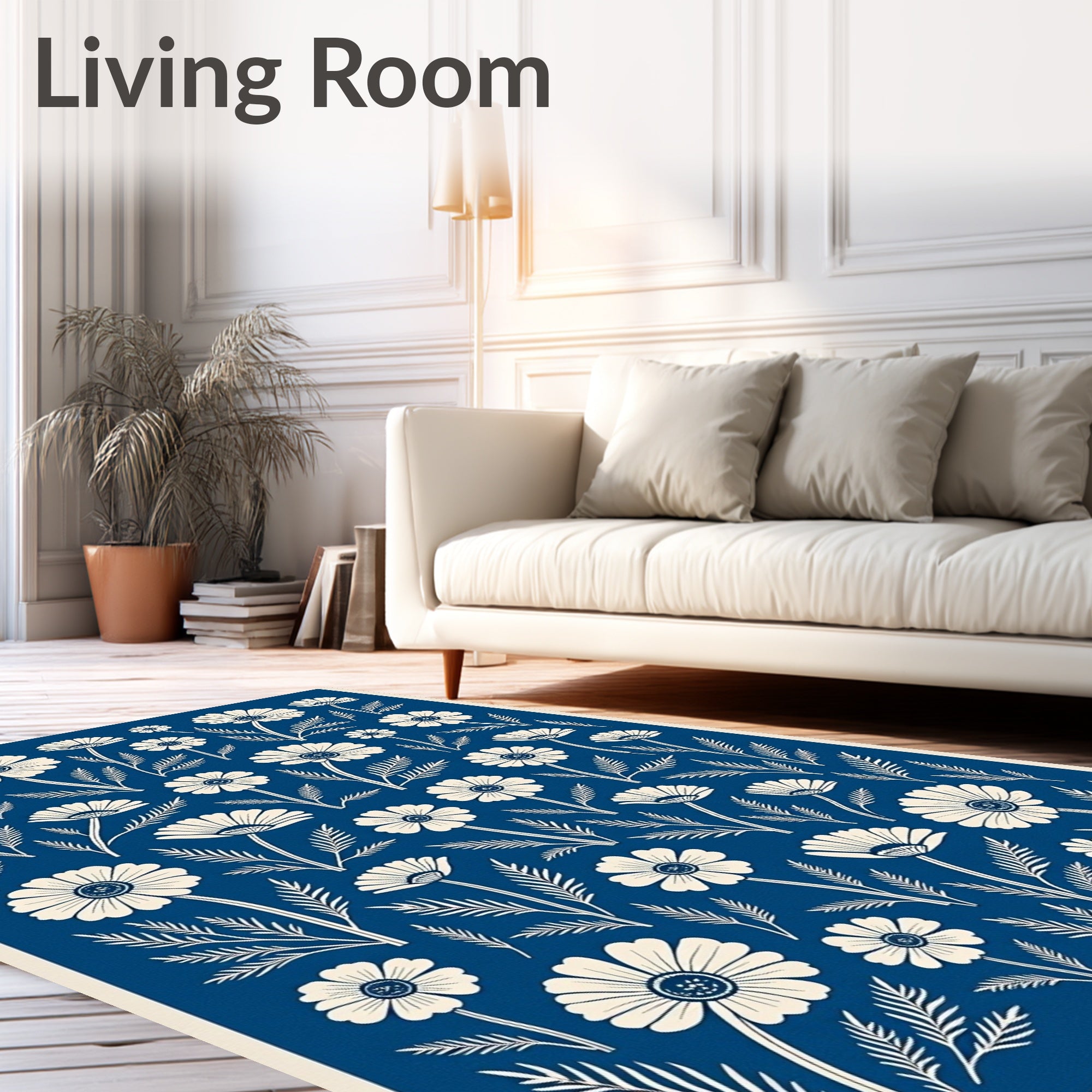 Classic Floral Patterned Indigo Rug