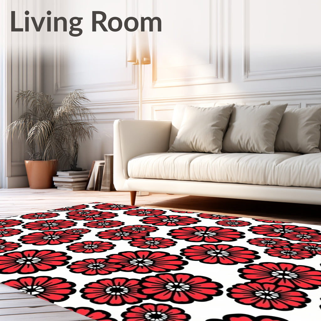 Red and White Bold Floral Design Rug