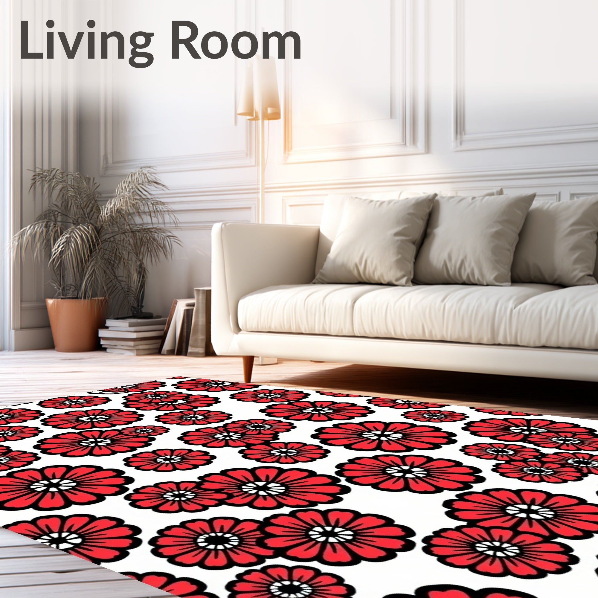 Red and White Bold Floral Design Rug