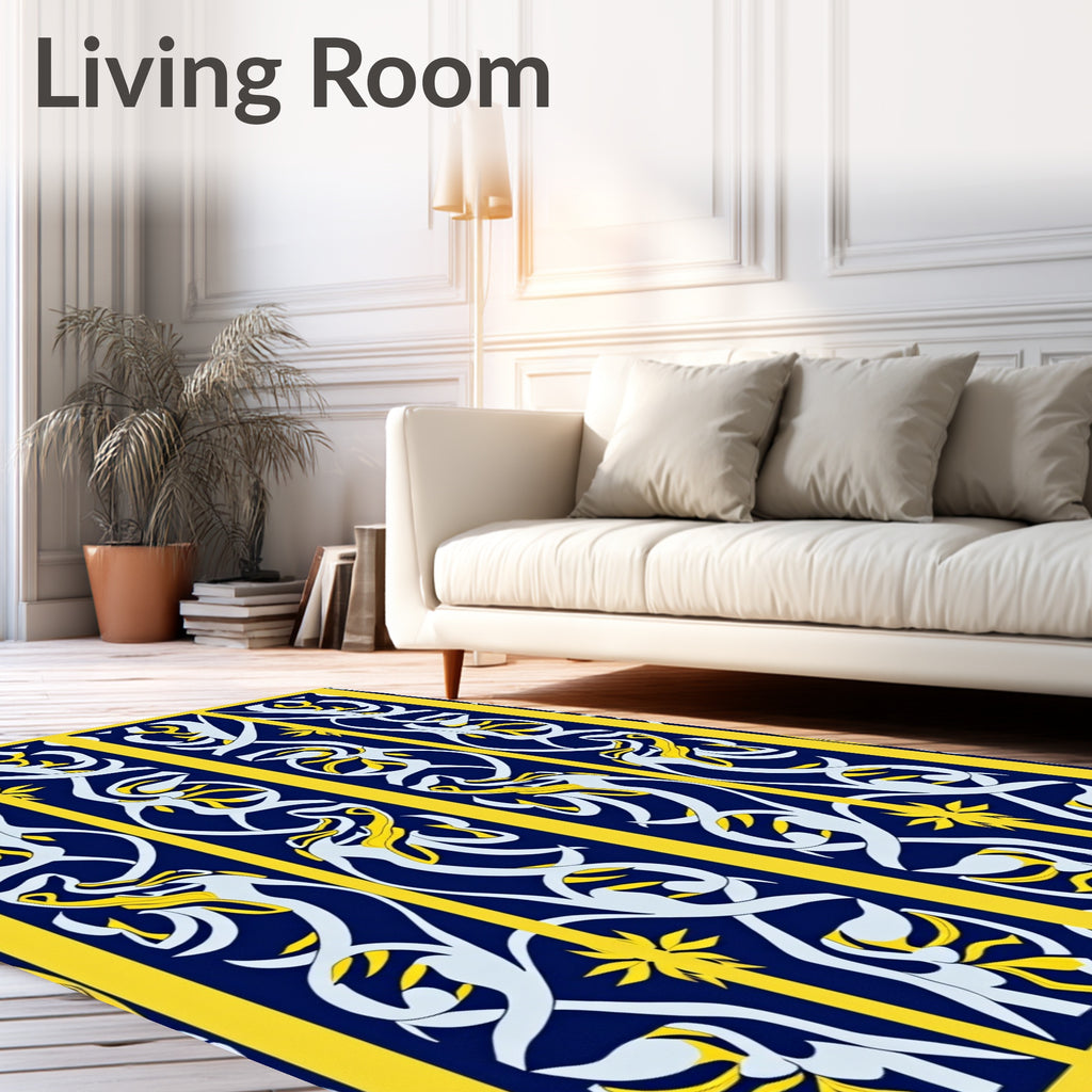 Ornate Dark Blue Yellow Floral Pattern Rug