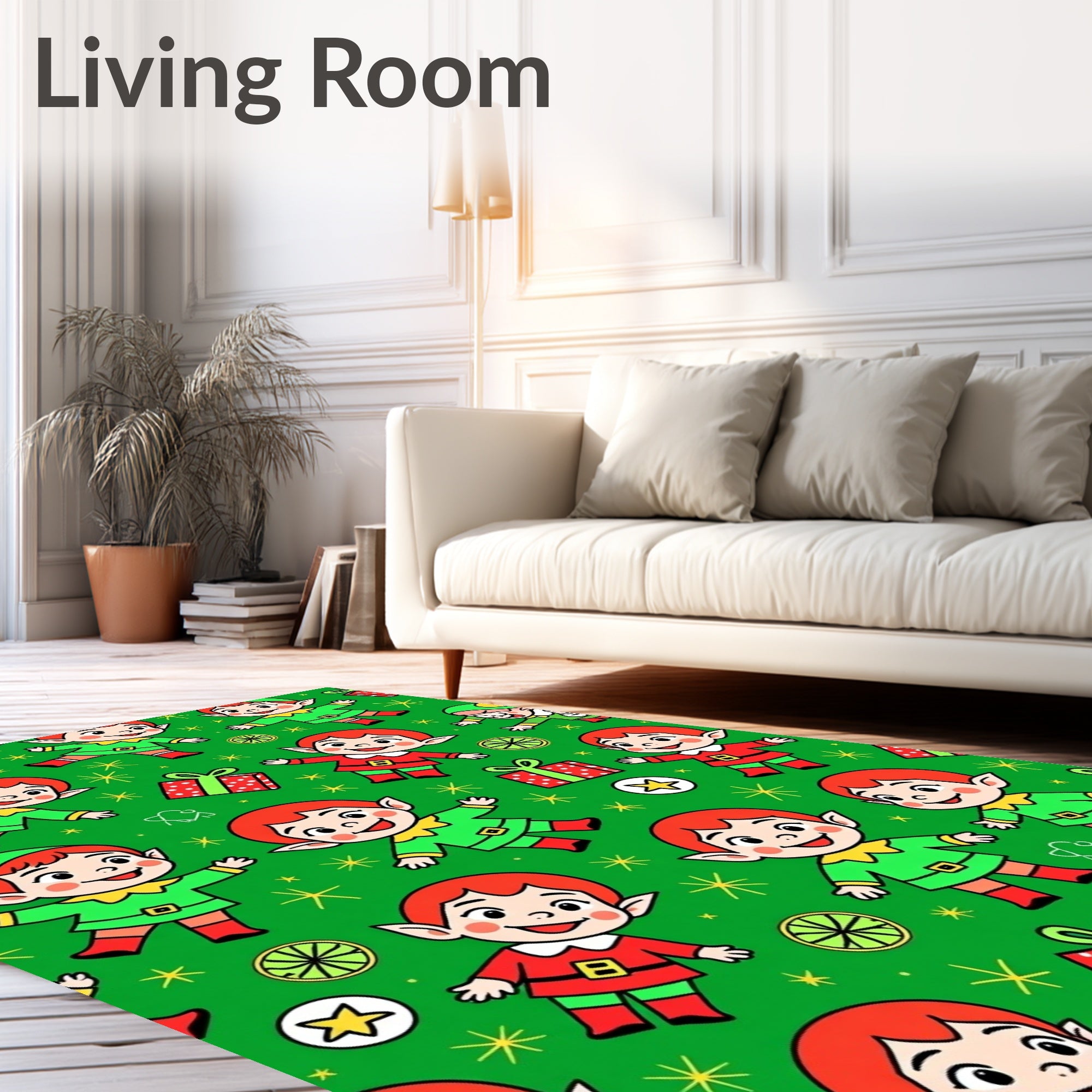 Holiday Elves with Gifts and Stars Rug