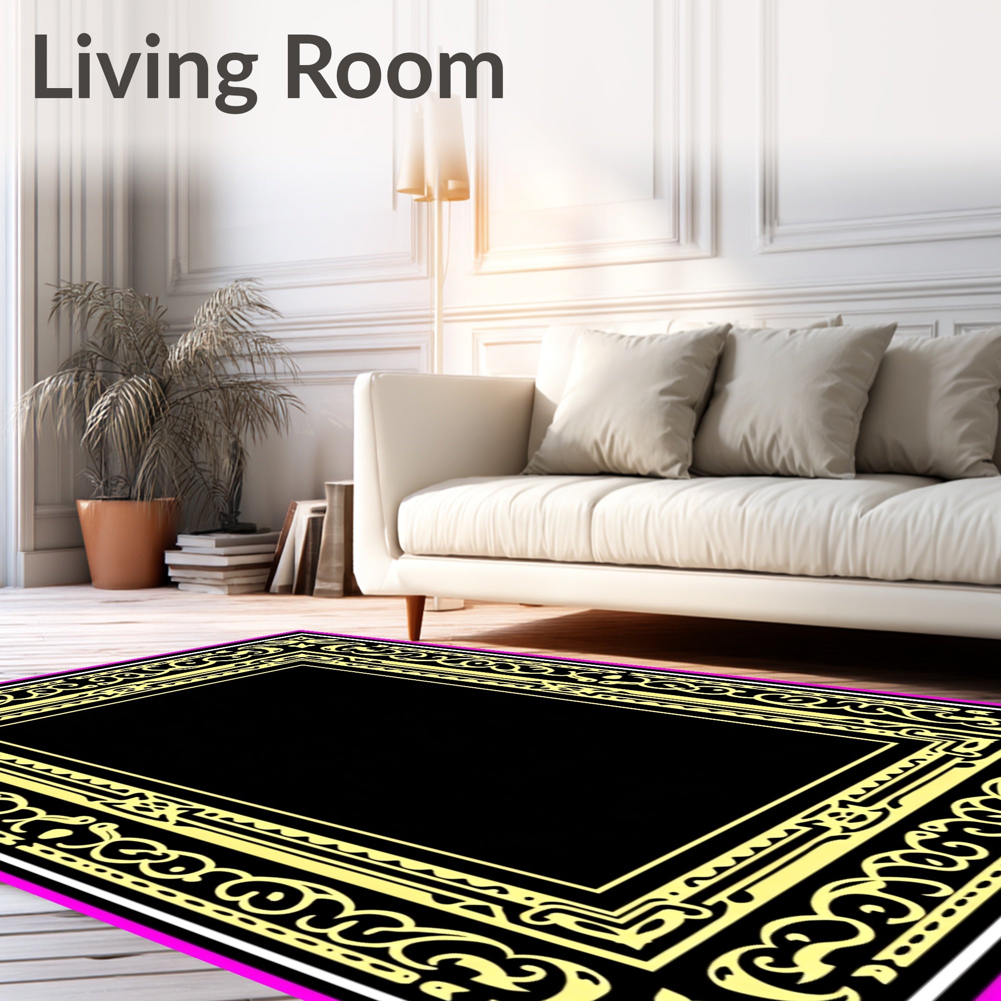 Ornate Black Yellow Pink Border Rug