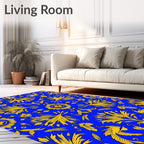 Royal Blue Yellow Floral Bird Pattern Rug