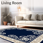 Ornate Navy Blue Floral Frame Design Rug