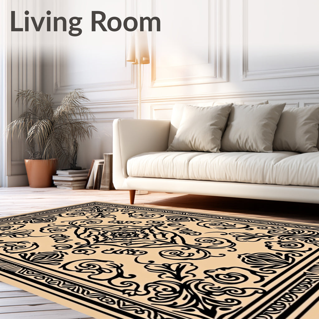 Classic Black Floral Inspired Border Design Rug