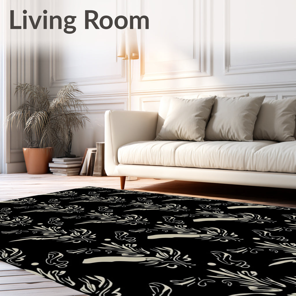 Vintage Black Beige Damask Pattern Rug