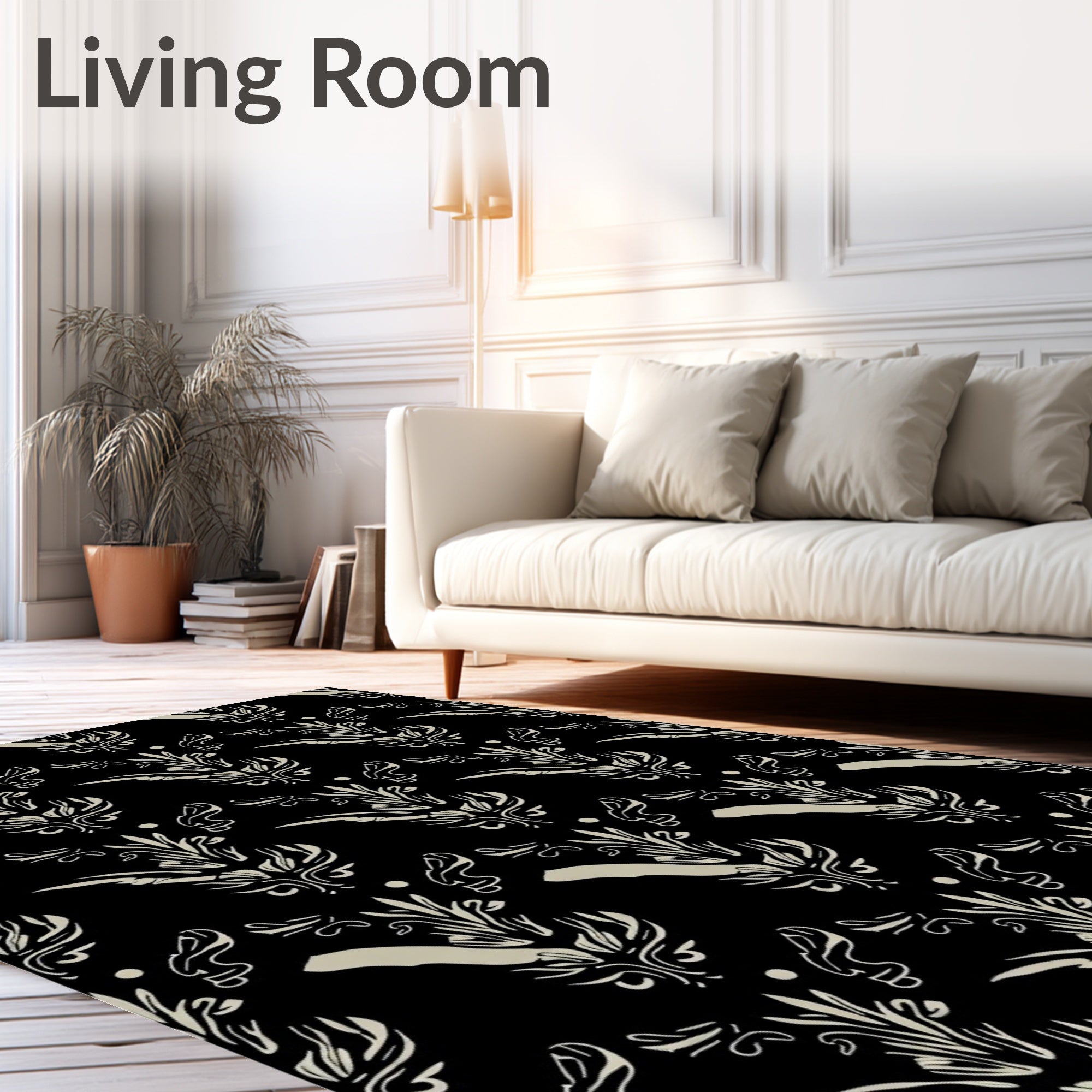 Vintage Black Beige Damask Pattern Rug