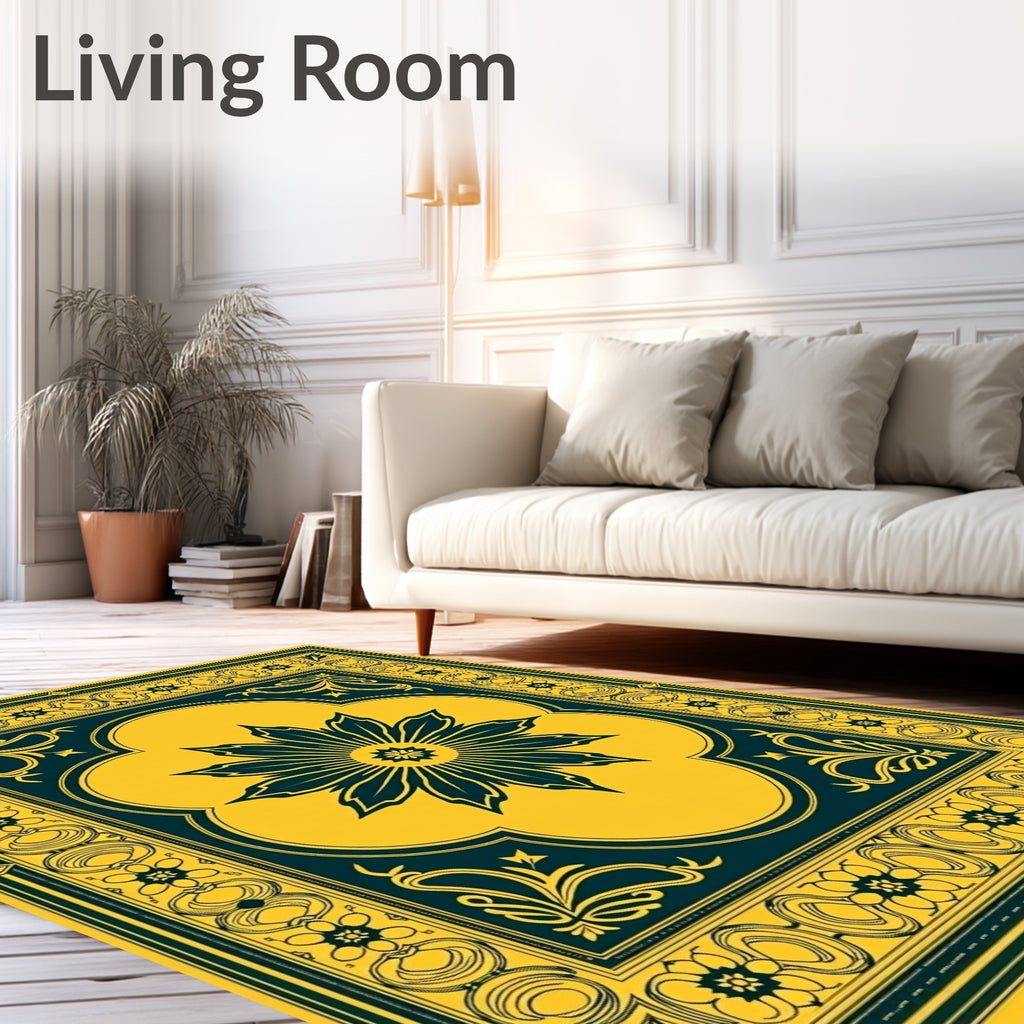 Intricate Floral Medallion Yellow Teal Rug