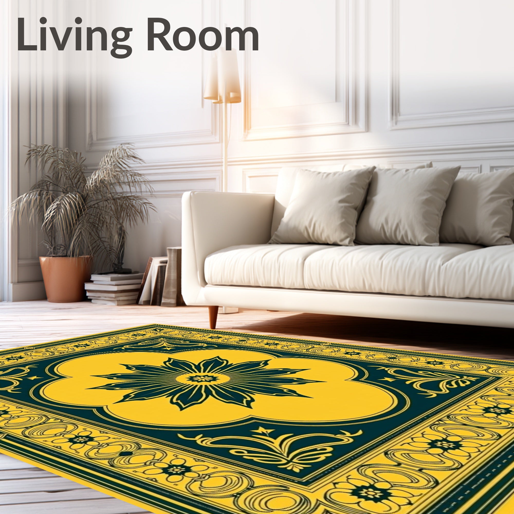 Intricate Floral Medallion Yellow Teal Rug