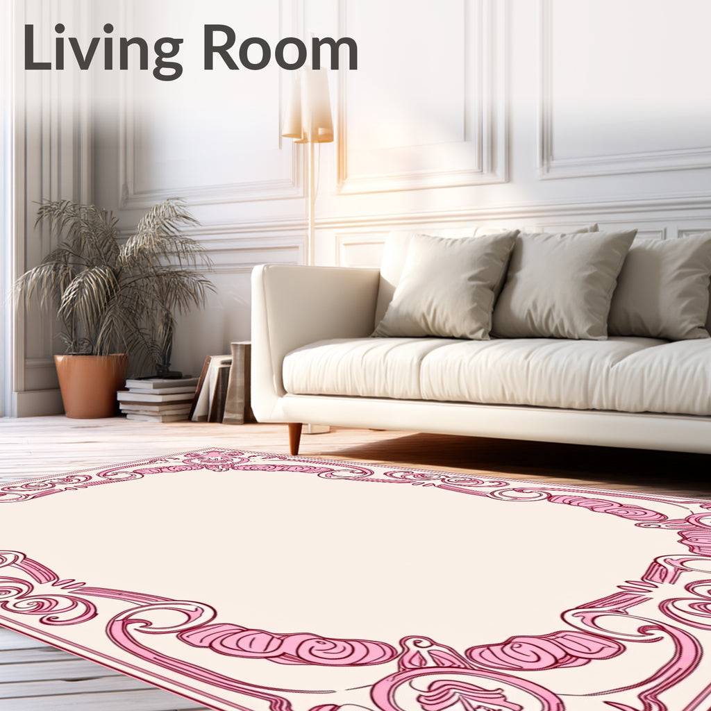 Ornate Pink Floral Scrollwork Border Rug