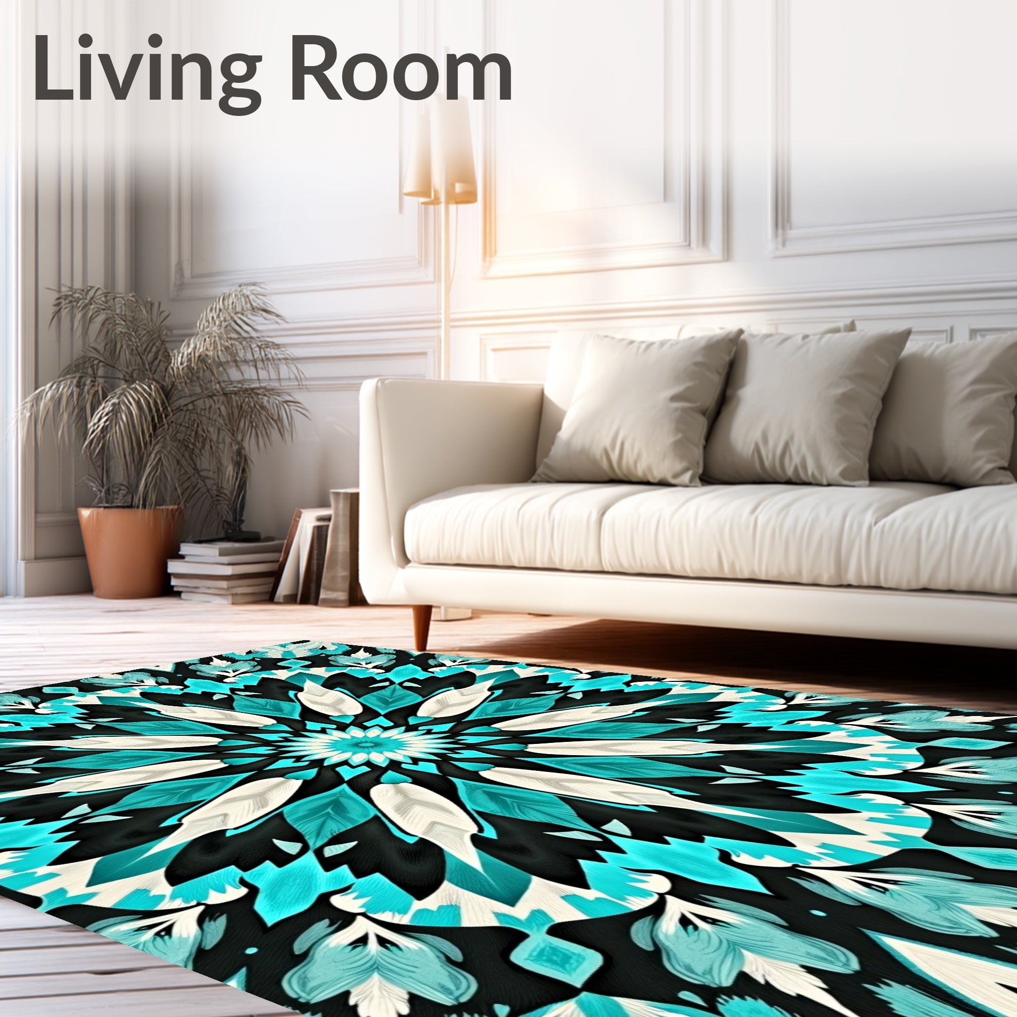 Cyan Feathered Mandala Pattern Rug