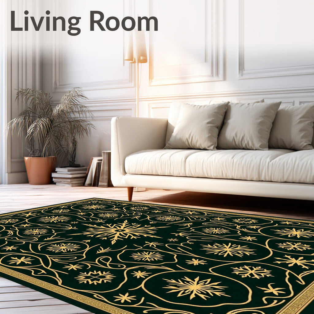 Gold Snowflake Forest Dark Green Rug