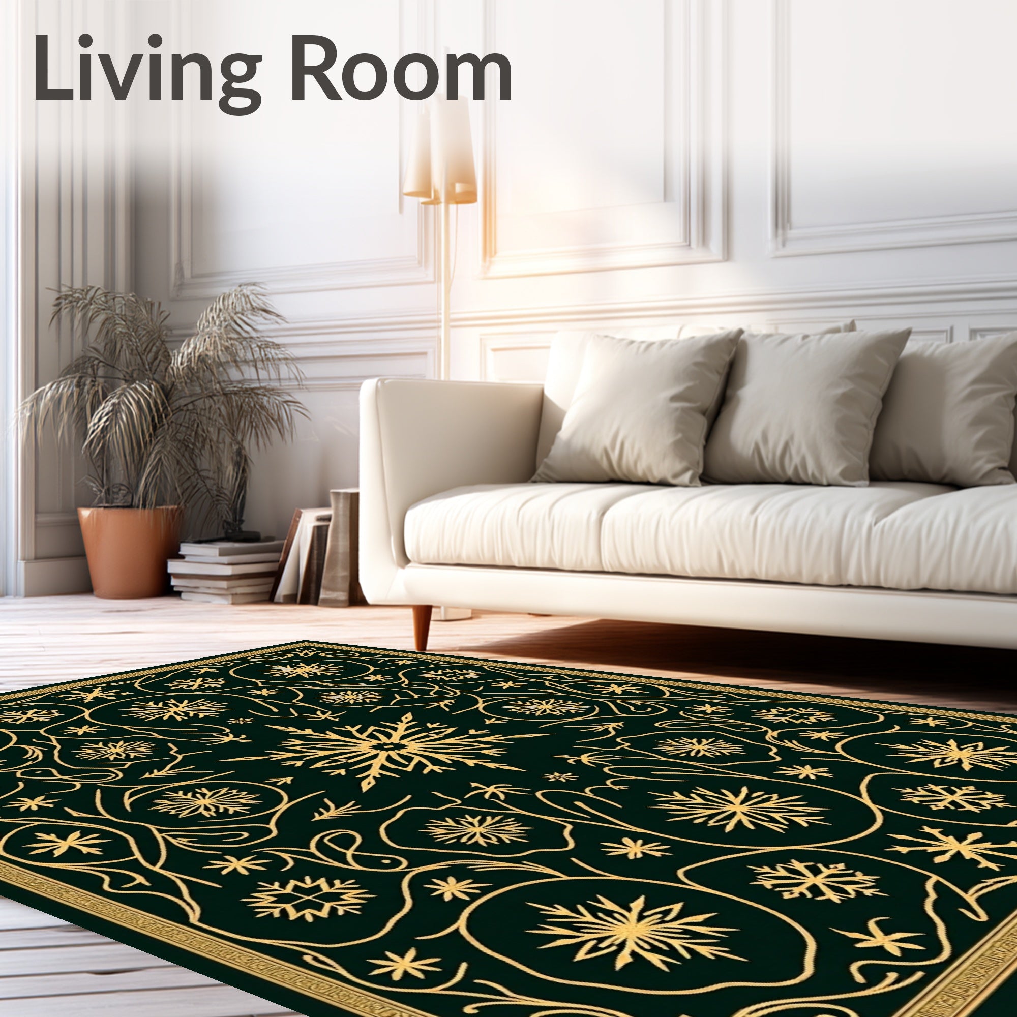 Gold Snowflake Forest Dark Green Rug