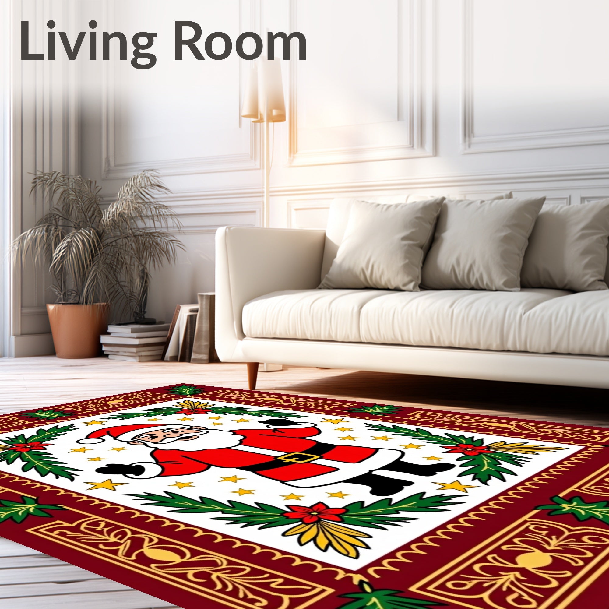 Santa Claus With Festive Stars Pine Design Rug
