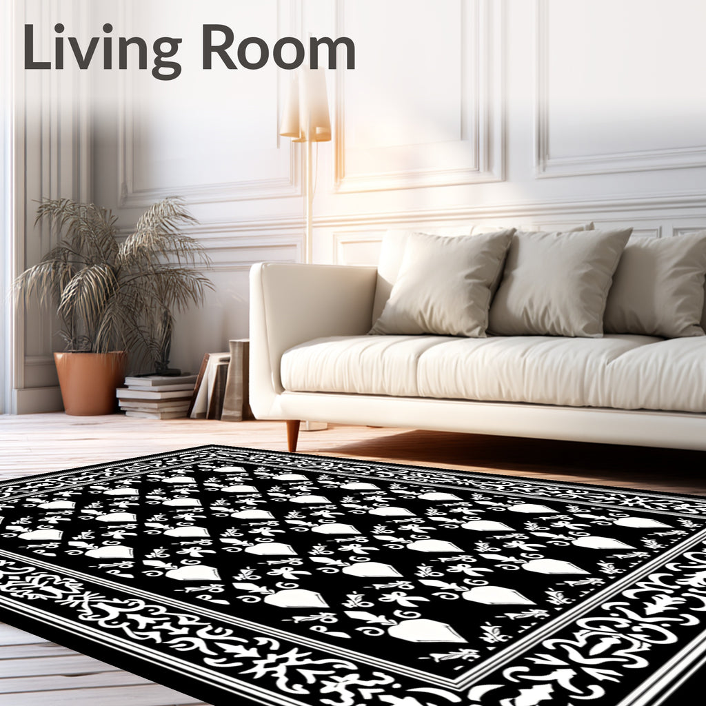 Ornate Black White Heart Pattern Rug