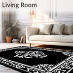 Ornate Black and White Floral Scroll Rug