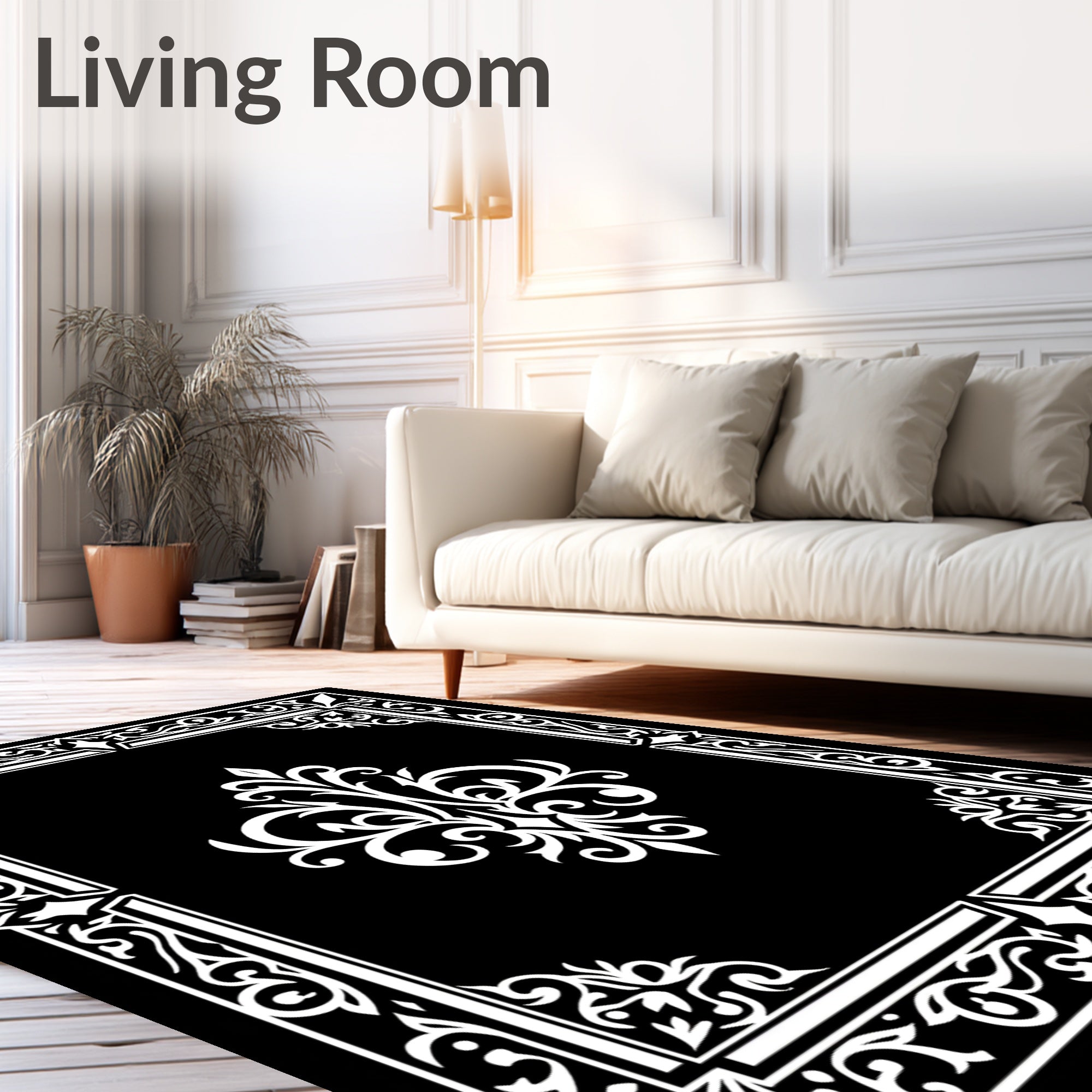Ornate Black and White Floral Scroll Rug