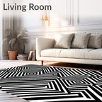 Bold Black White Labyrinth Design Rug