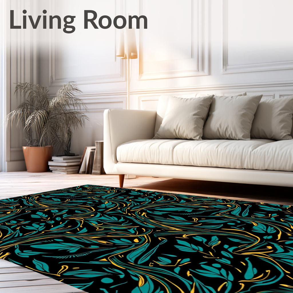 Teal and Gold Swirling Foliage Rug