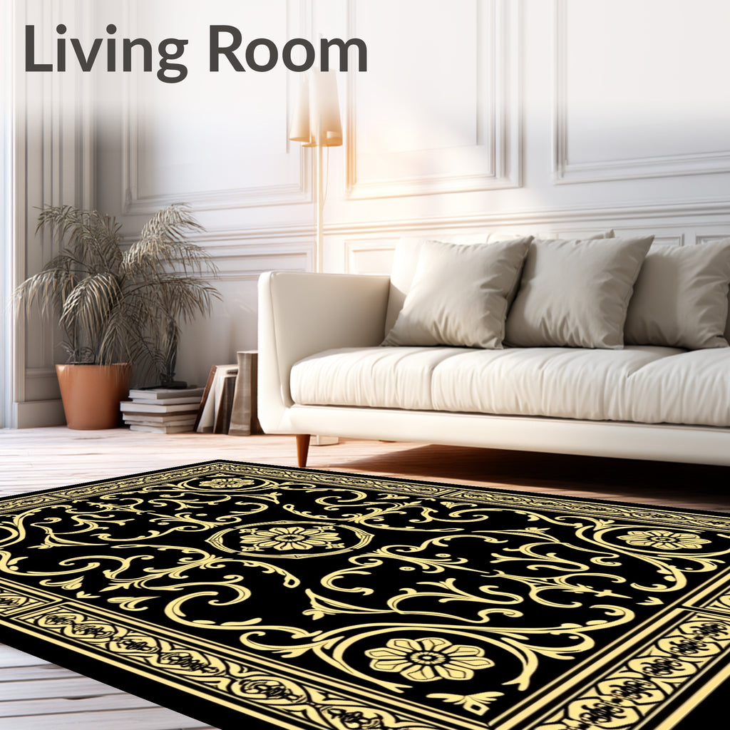 Golden Floral Scrollwork Black Accent Rug