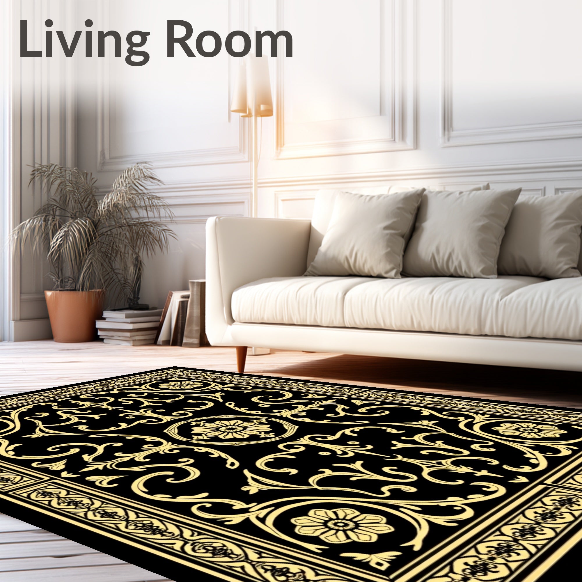 Golden Floral Scrollwork Black Accent Rug