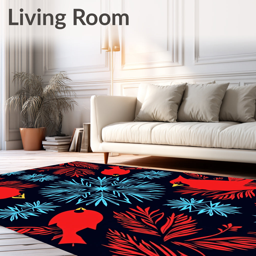 Red Birds and Blue Snowflakes Pattern Rug