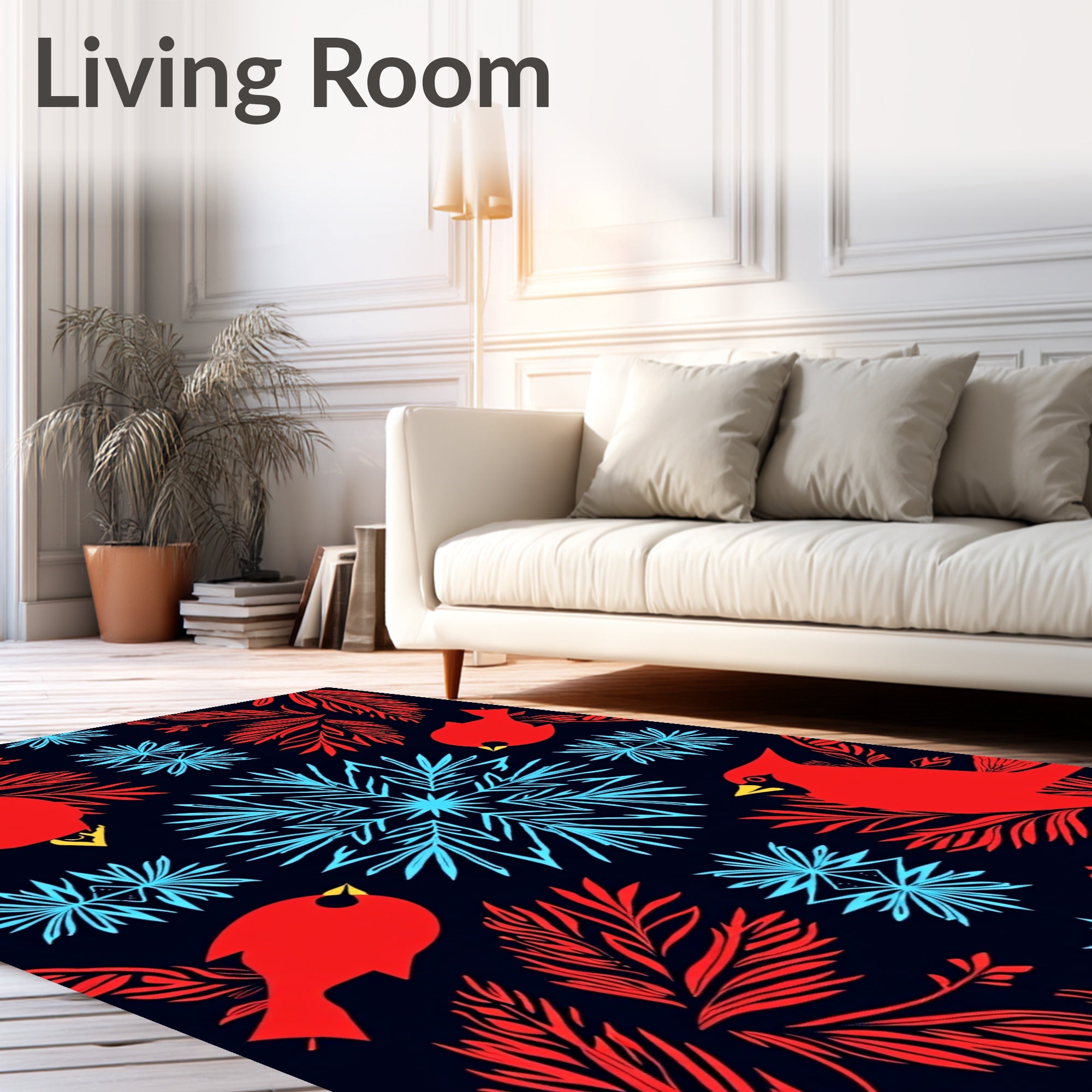 Red Birds and Blue Snowflakes Pattern Rug