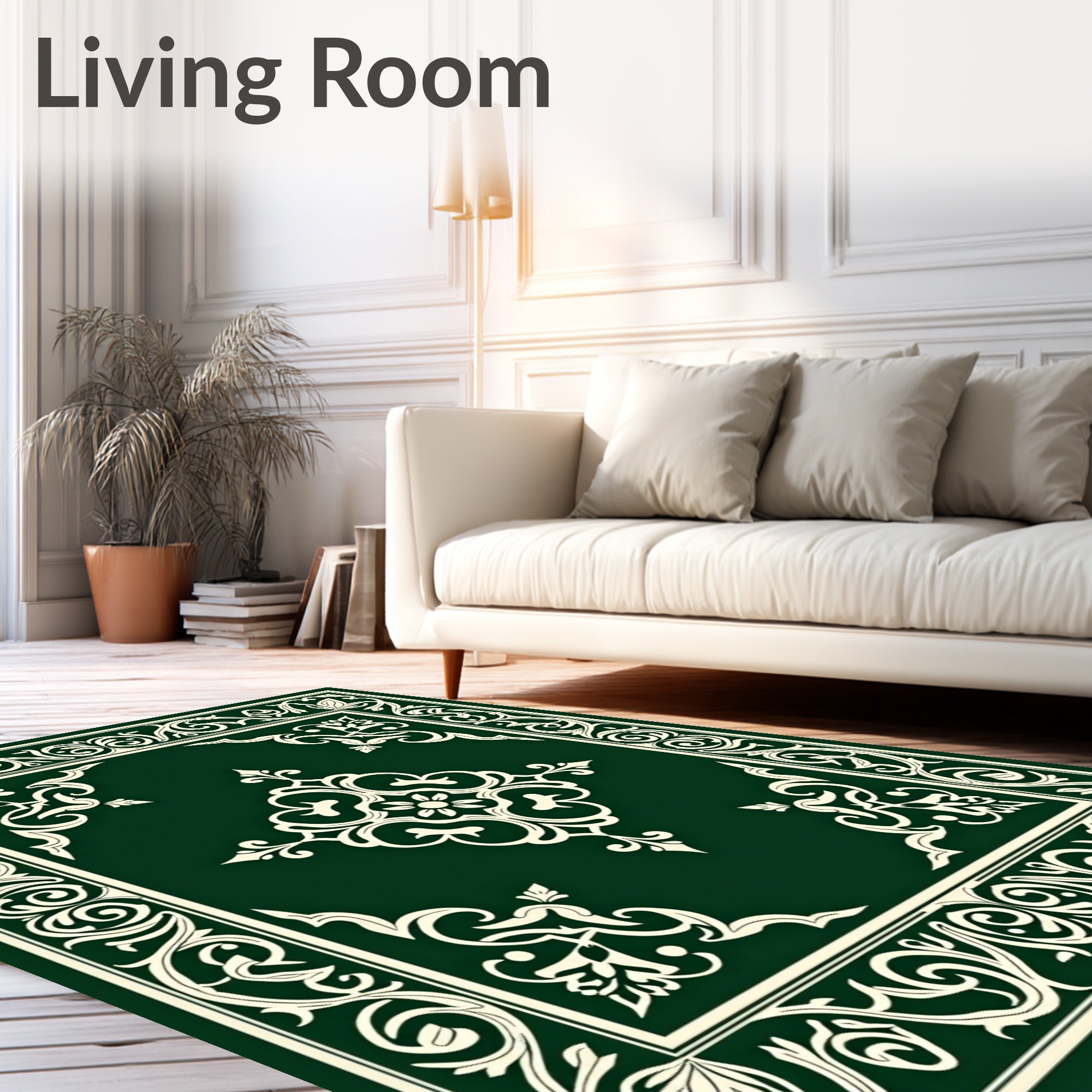Elegant Green Ivory Floral Scroll Rug