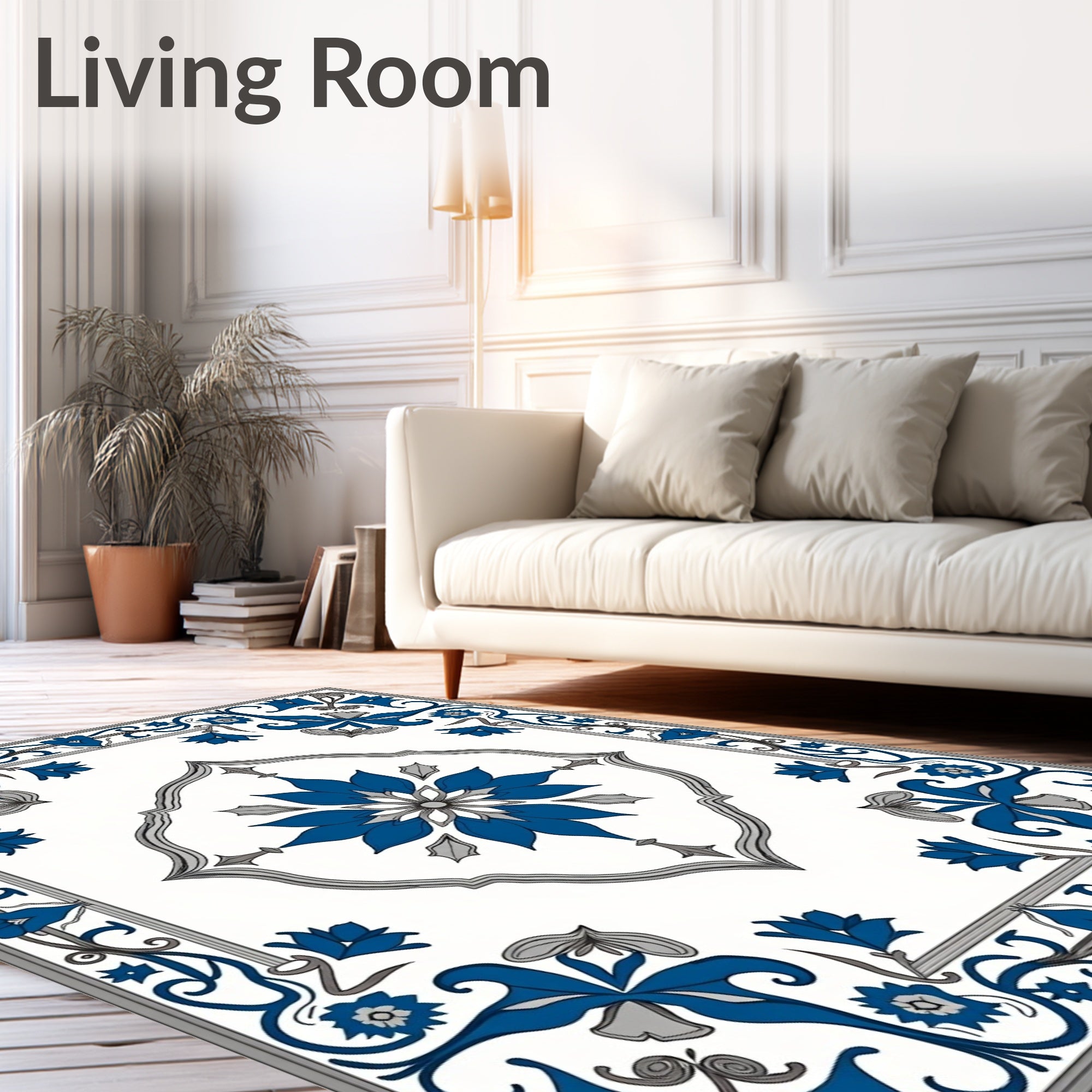 Elegant Blue Floral Scrollwork Design Rug
