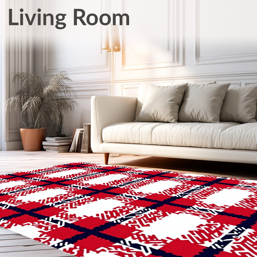 Red Navy White Plaid Pattern Design Rug