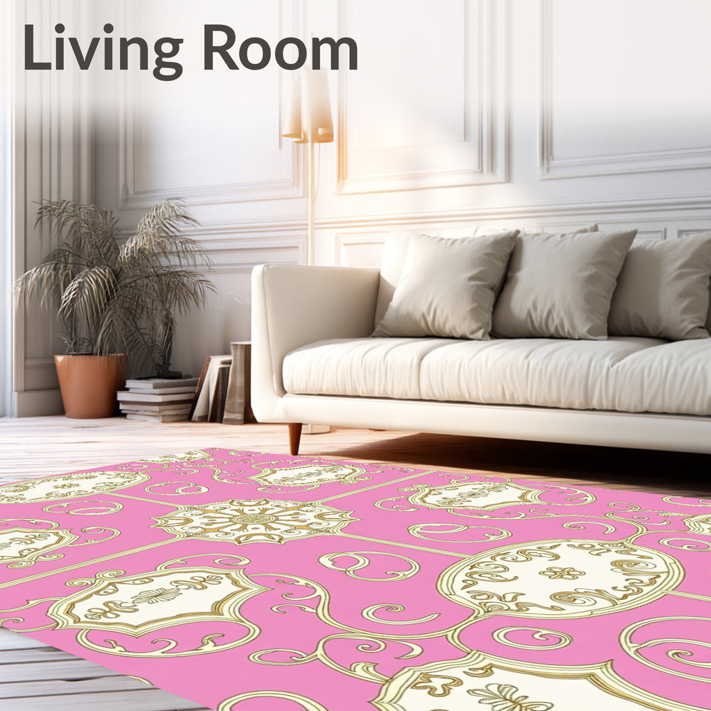 Pink Gold Decorative Scroll Pattern Rug