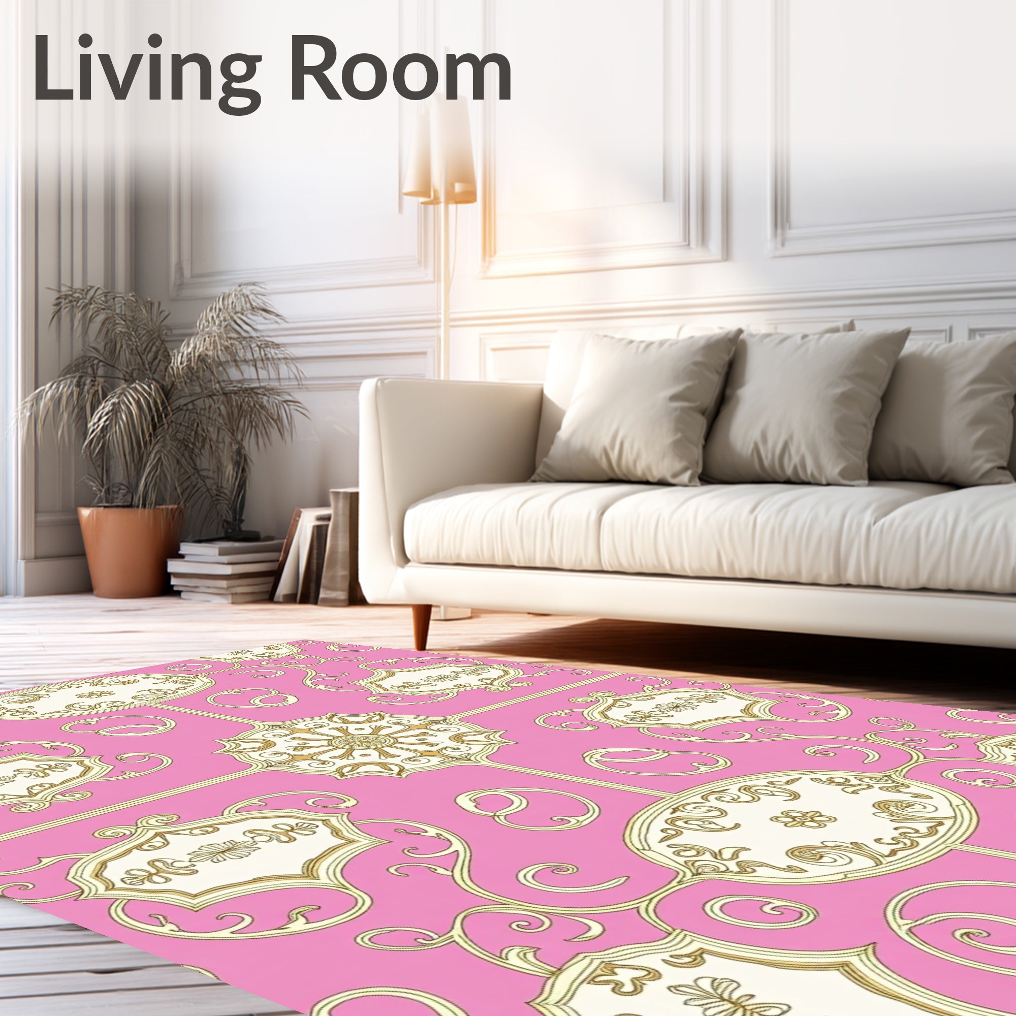 Pink Gold Decorative Scroll Pattern Rug