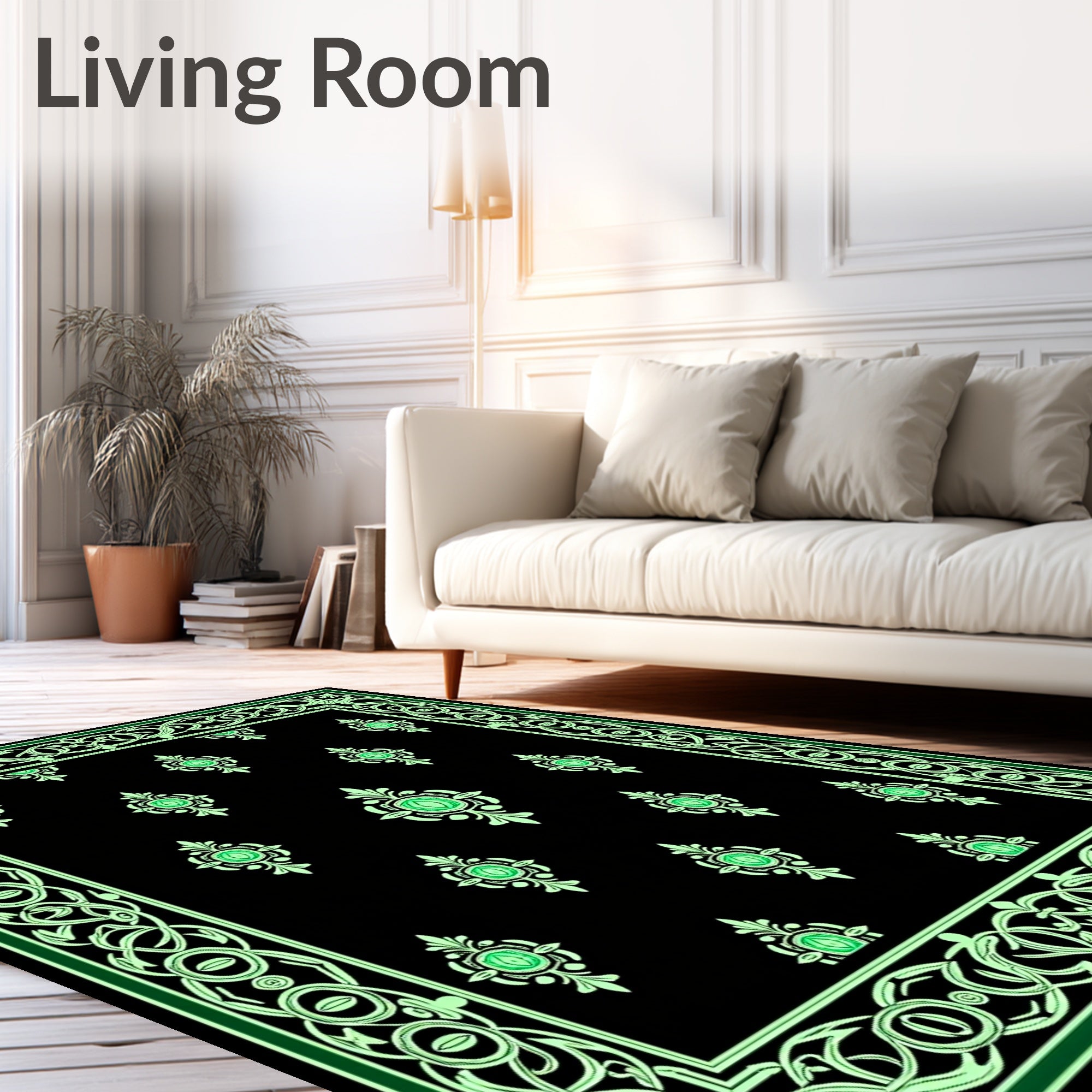 Black Emerald Medallion Floral Border Rug