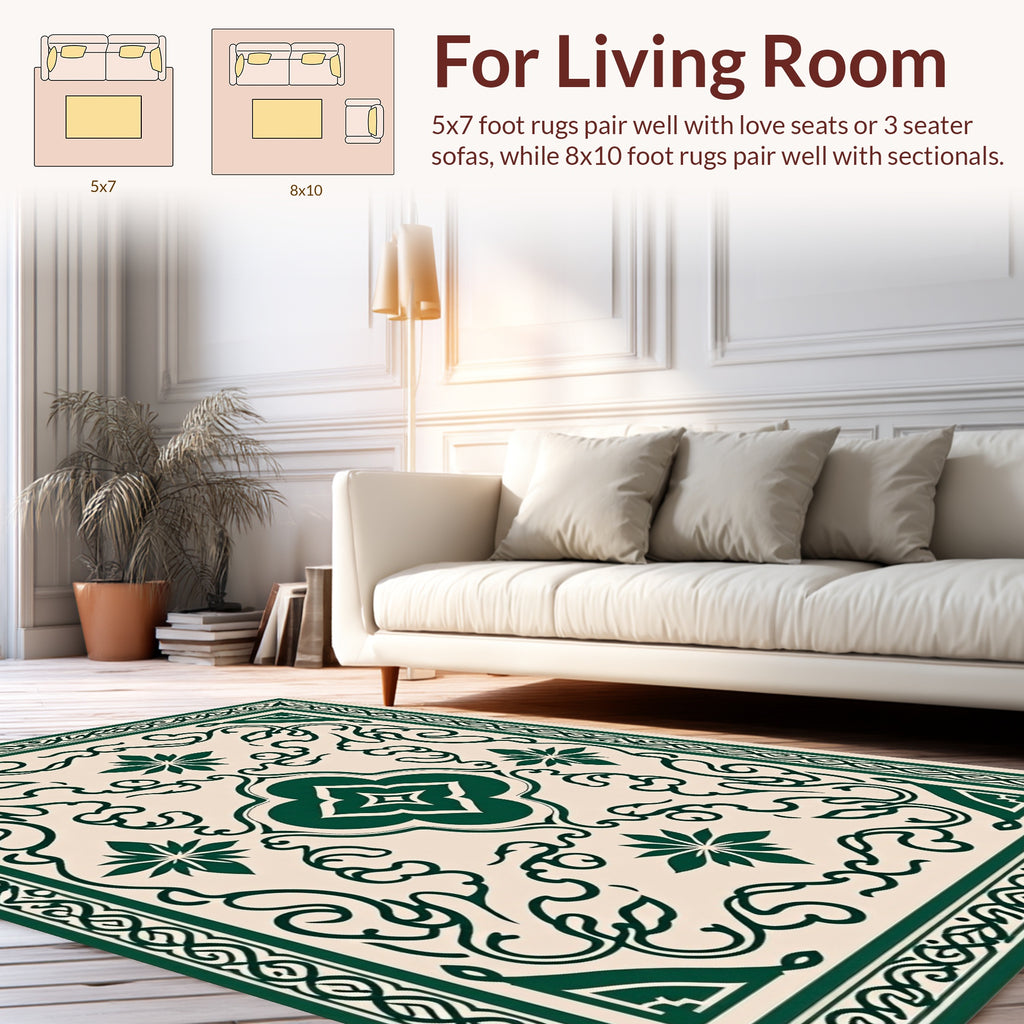 Green Floral Vine Intricate Pattern Rug