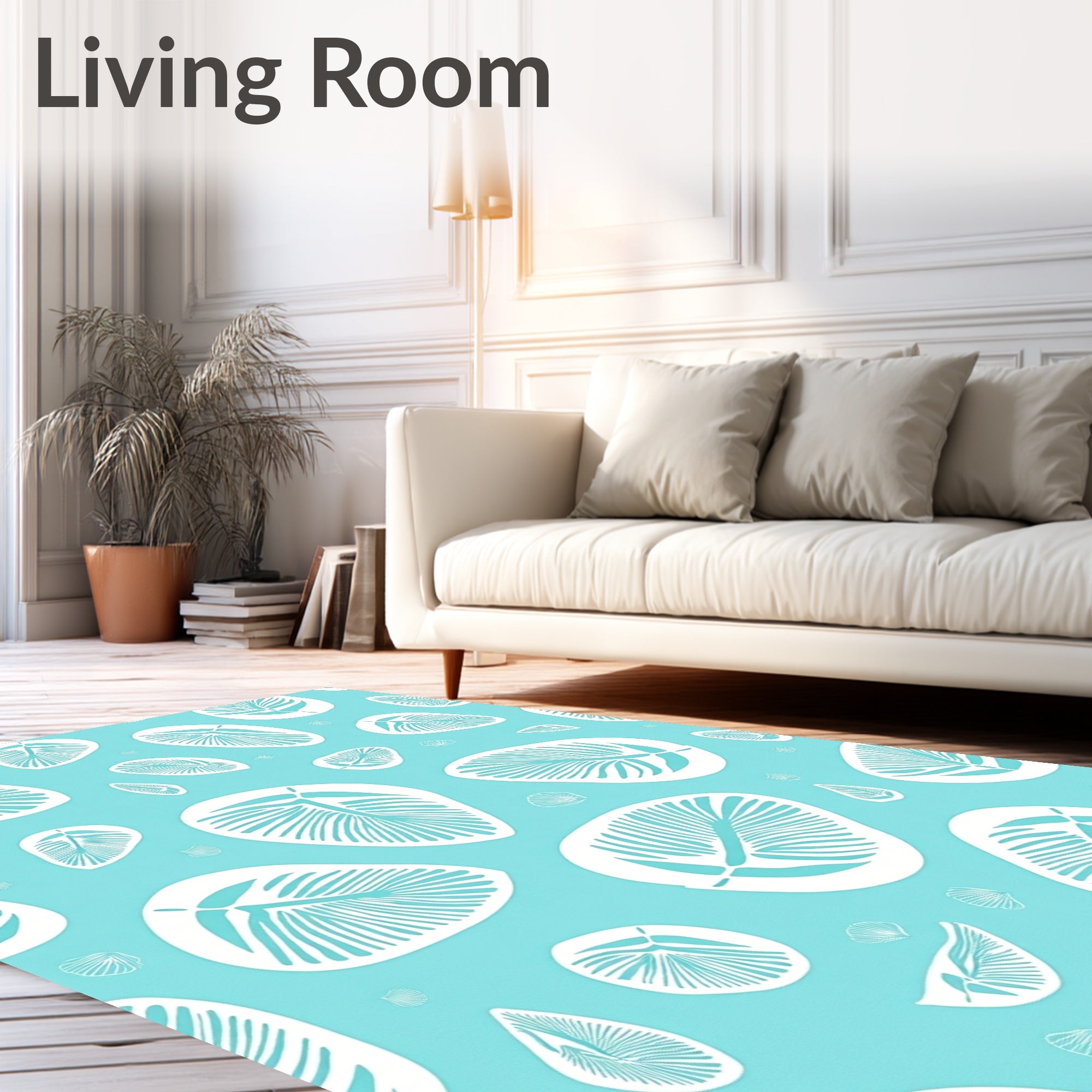 Teal White Feather Pattern Rug