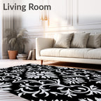 Black White Floral Scroll Pattern Rug