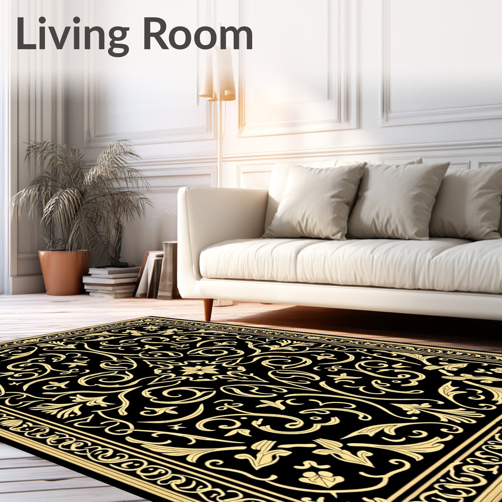 Elegant Golden Black Floral Medallion Rug