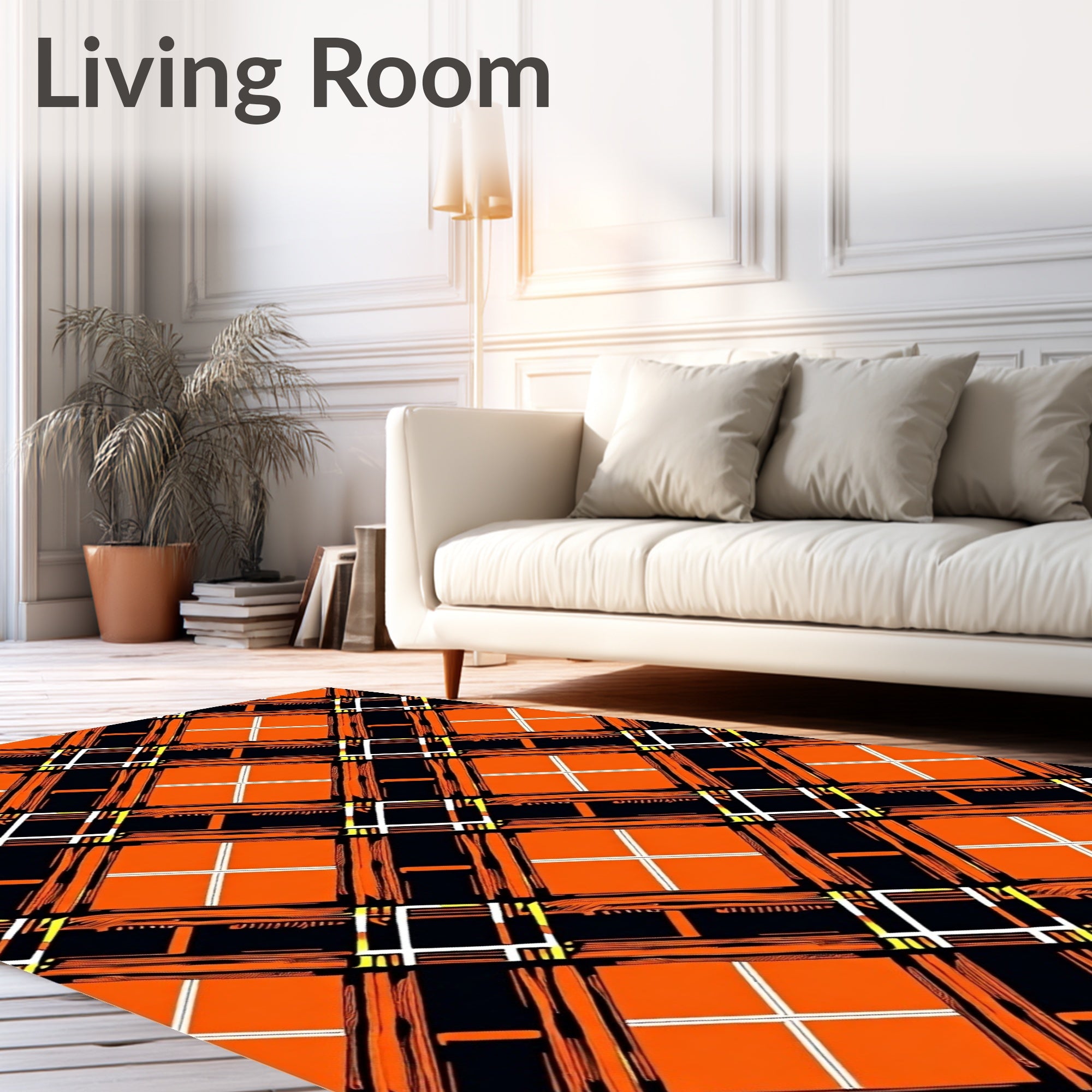 Bold Orange Black White Plaid Design Rug