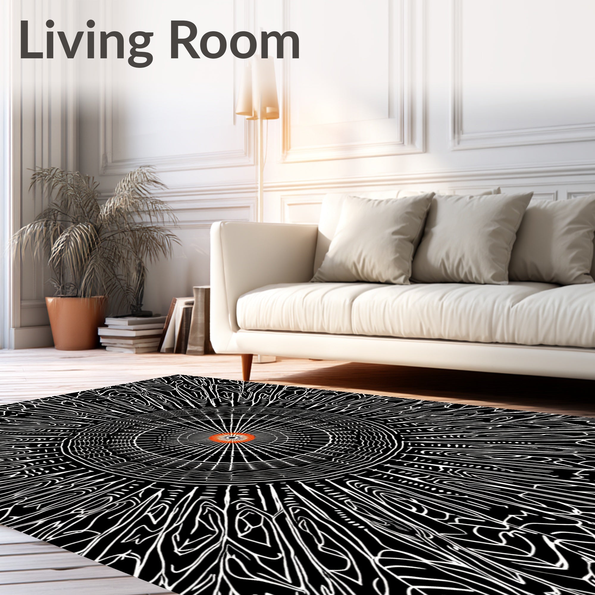 Radial Black And White Sunburst Design Rug