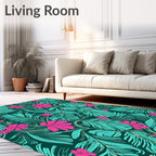 Vibrant Teal Pink Tropical Leaf Bloom Rug